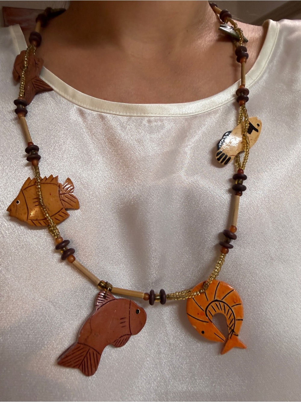 Vintage Carved Fish Necklace Bone Wood Beaded Tribal Coastal Boho